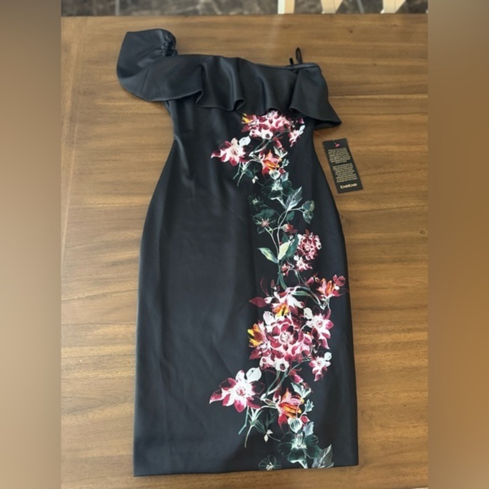 Bebe Jane Ruffle Satin Garden Vines Floral Off-Shoulder Dress XS NWT